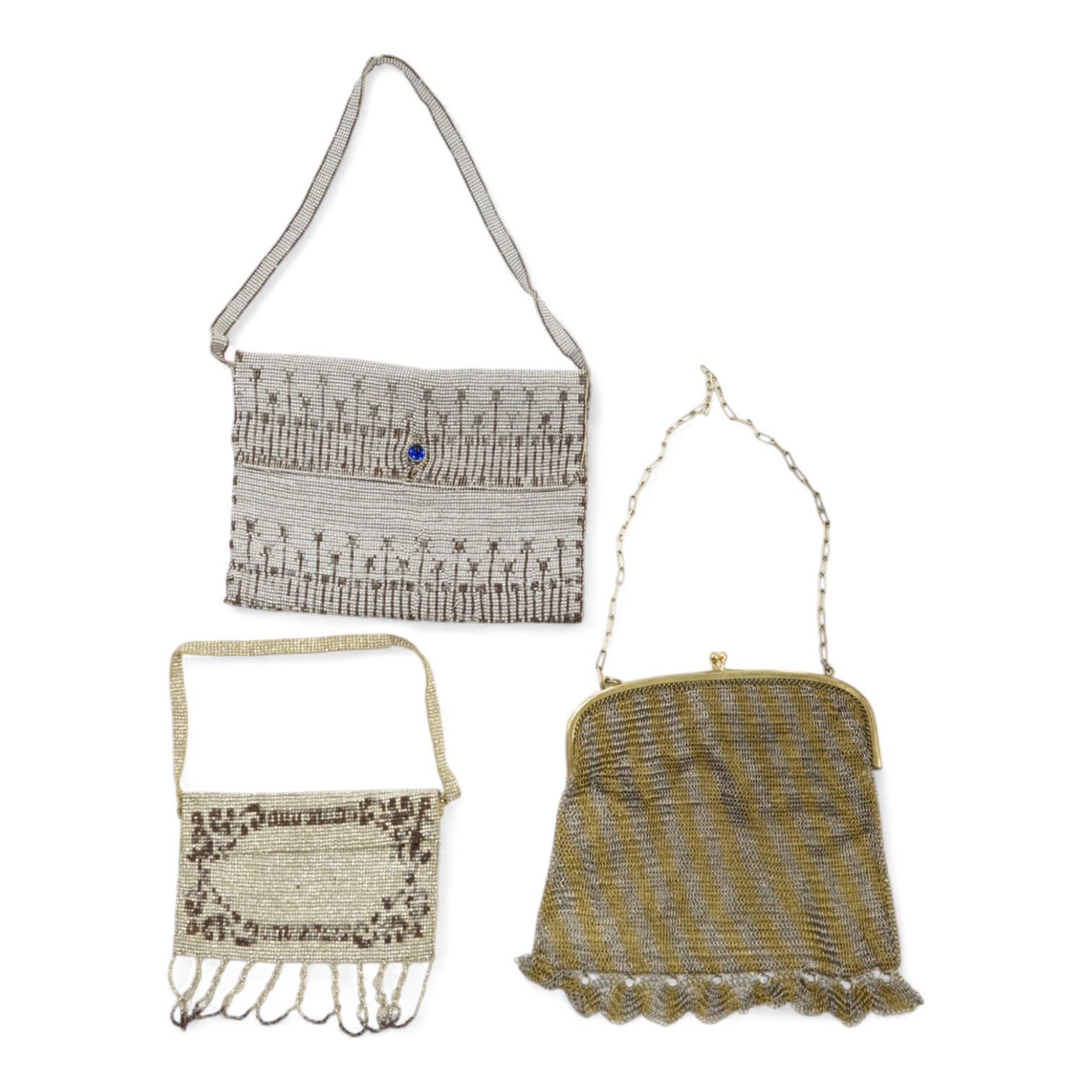 An Art Deco coloured metal chain mail evening bag together with a silver metal bead, blue clasped evening bag and smaller purse., Chain mail bag 13.5cm high. Condition - good on all three.